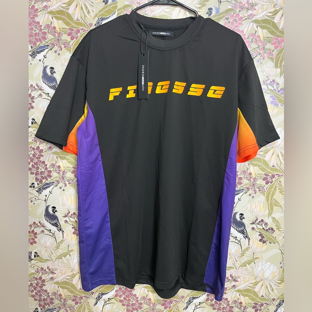 Fashion Nova Men's Black Tee with Yellow and Purple Accents